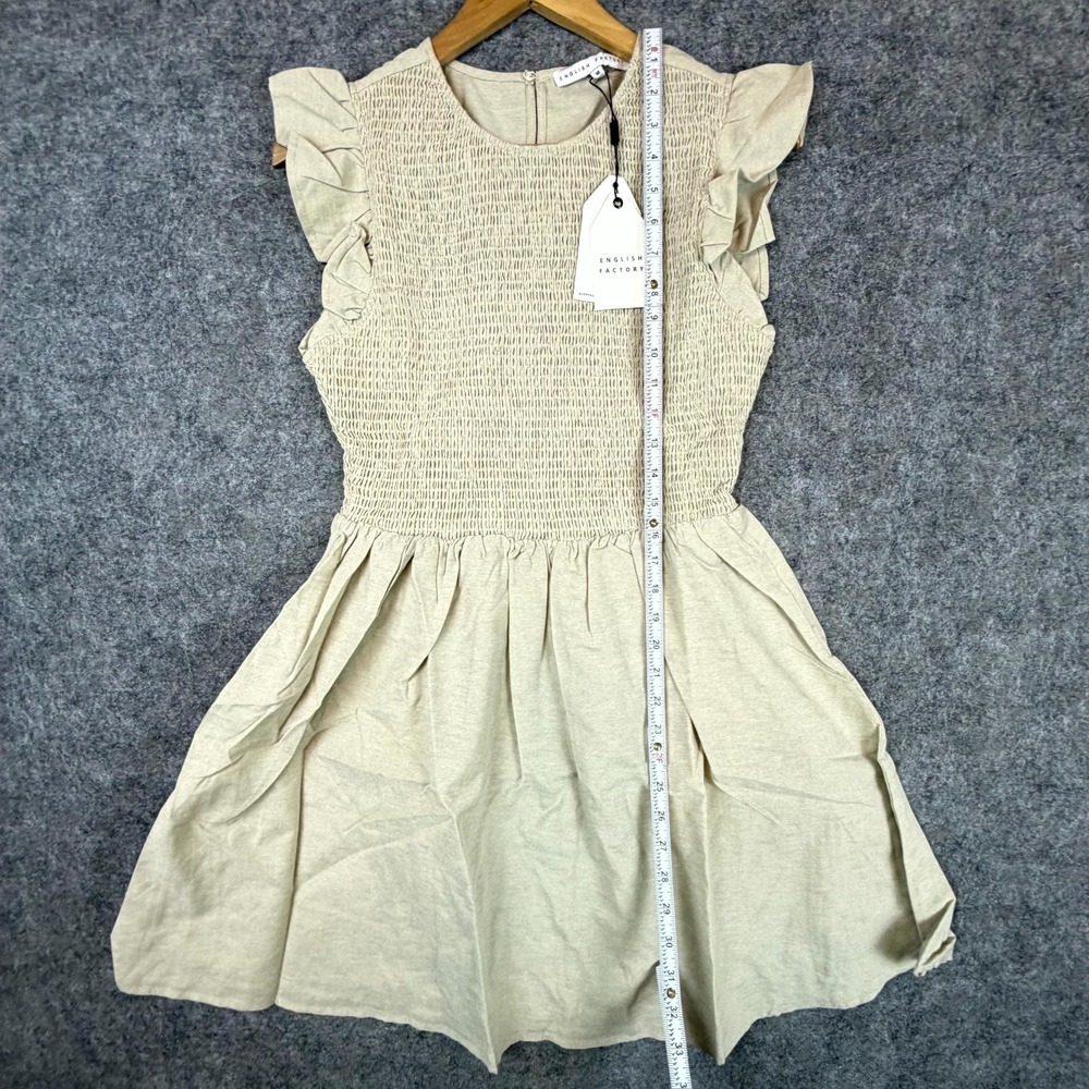 English Factory Mini Dress Womens Medium Beige Smocked Ruffle Neutral Minimalist - Picture 7 of 9